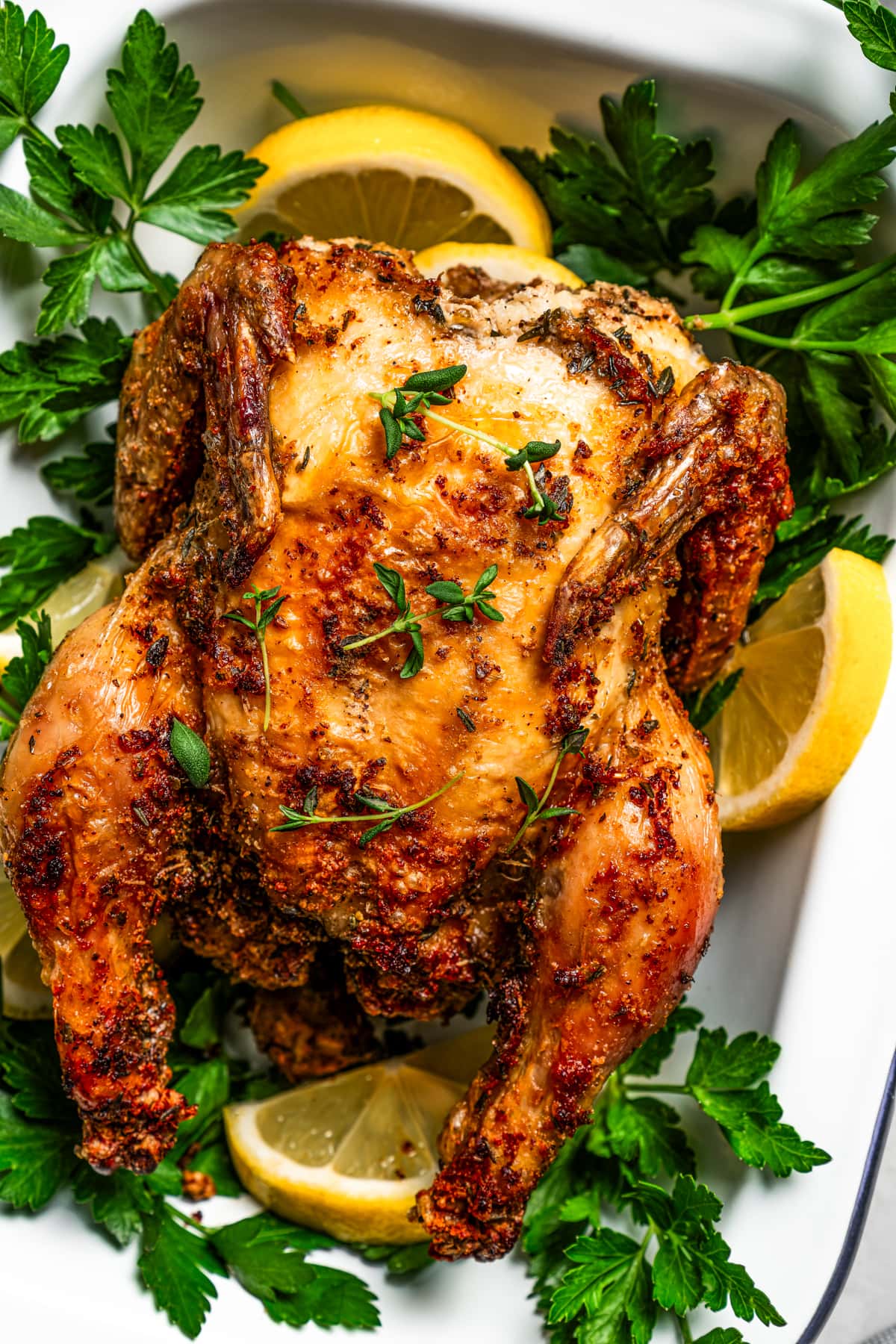 Closeup of air fryer cornish game hen on a bed of fresh parsley.