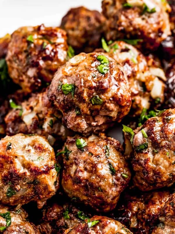 Overhead shot of a pile of air fryer meatballs.