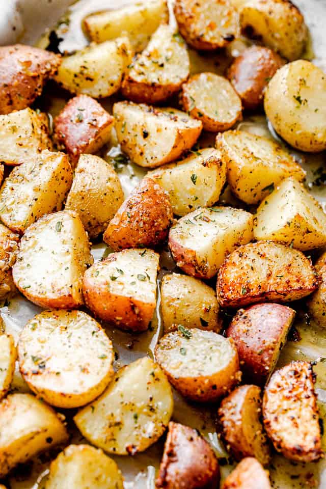 side view of quartered red baby potatoes