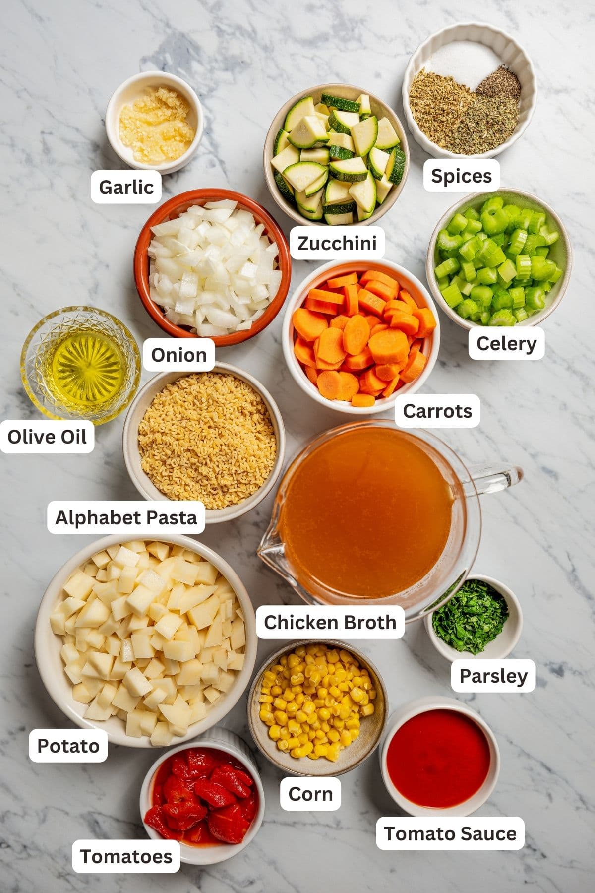 Labeled ingredients for alphabet soup.