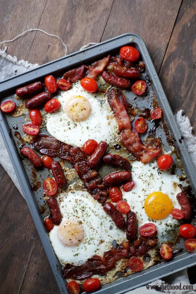 Seasoned bacon and egg bake in the baking sheet. 