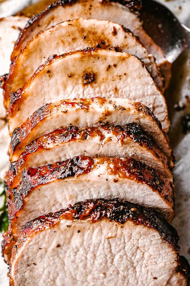 Cooked and sliced garlic balsamic crock pot pork loin