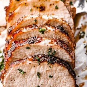 Cooked and sliced garlic balsamic crock pot pork loin