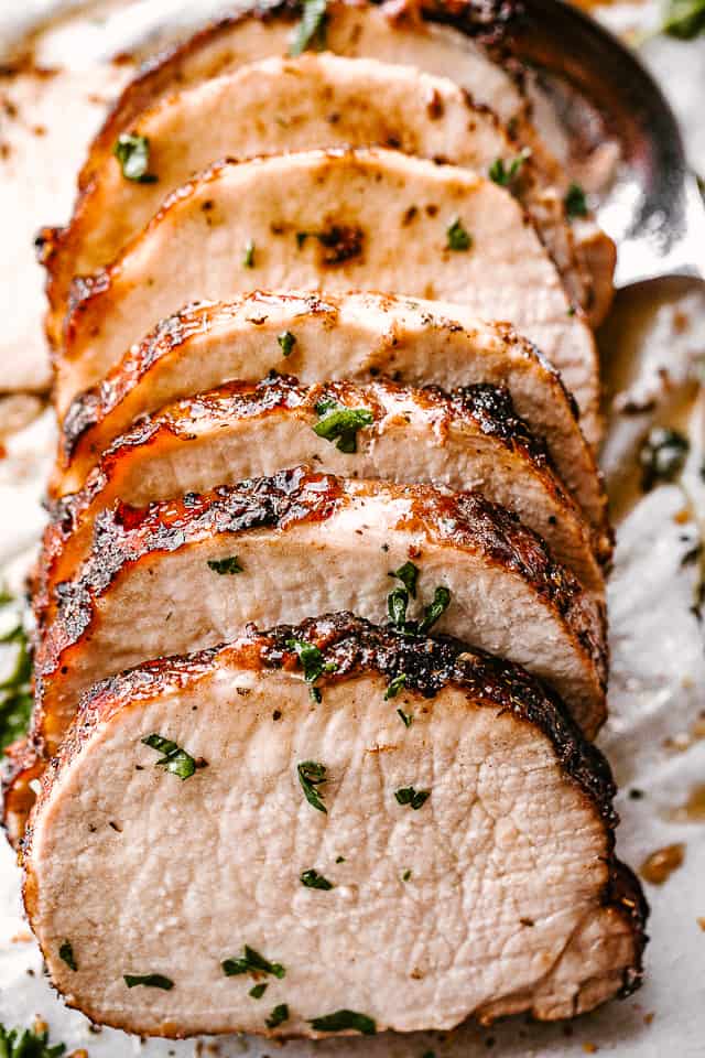 Cooked and sliced garlic balsamic crock pot pork loin