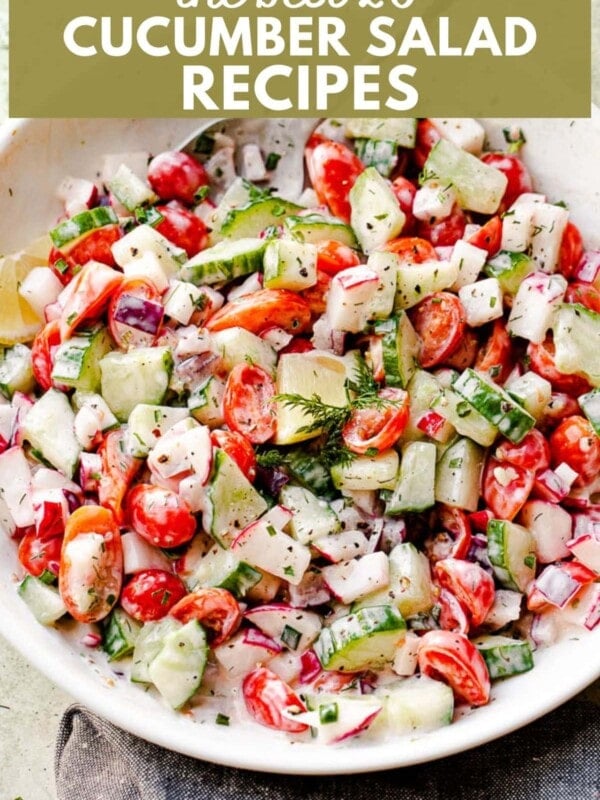 Photo of cucumber, radishes, and tomato salad, with text overlay.