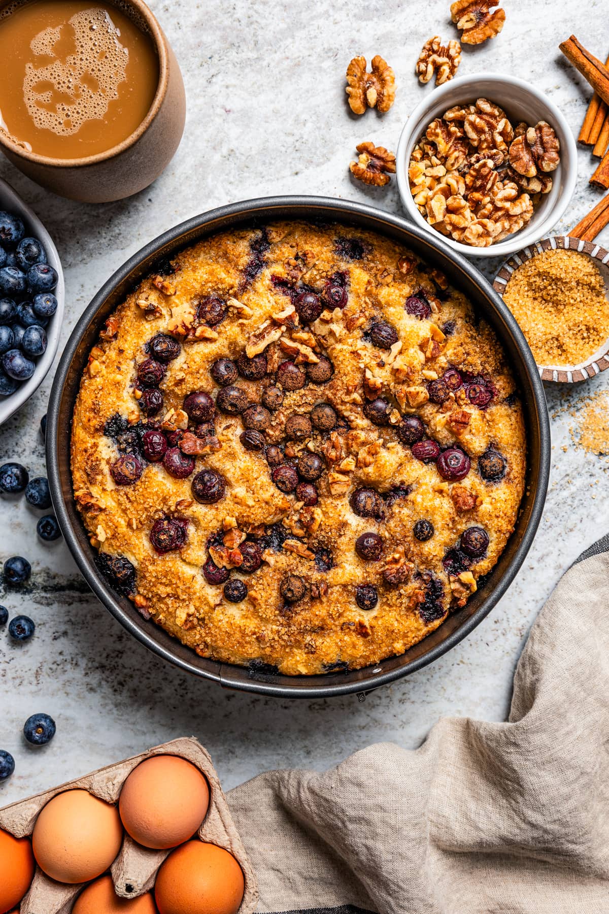 Coffee cake in a round pan.