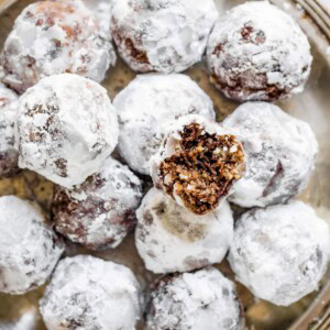 Overhead image of Bourbon Balls served on a platter.