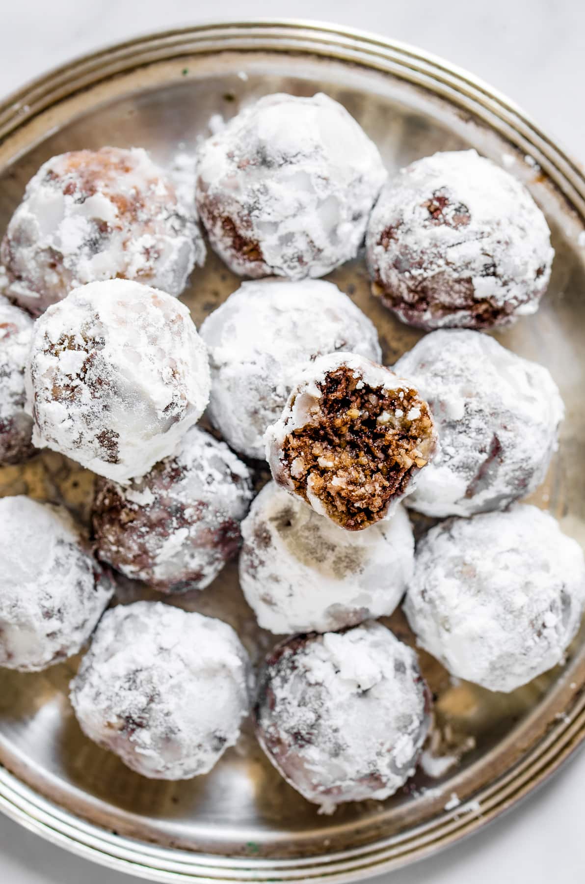 Overhead image of Bourbon Balls served on a platter.