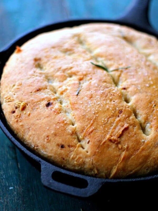 Rosemary garlic bread in a skillet.