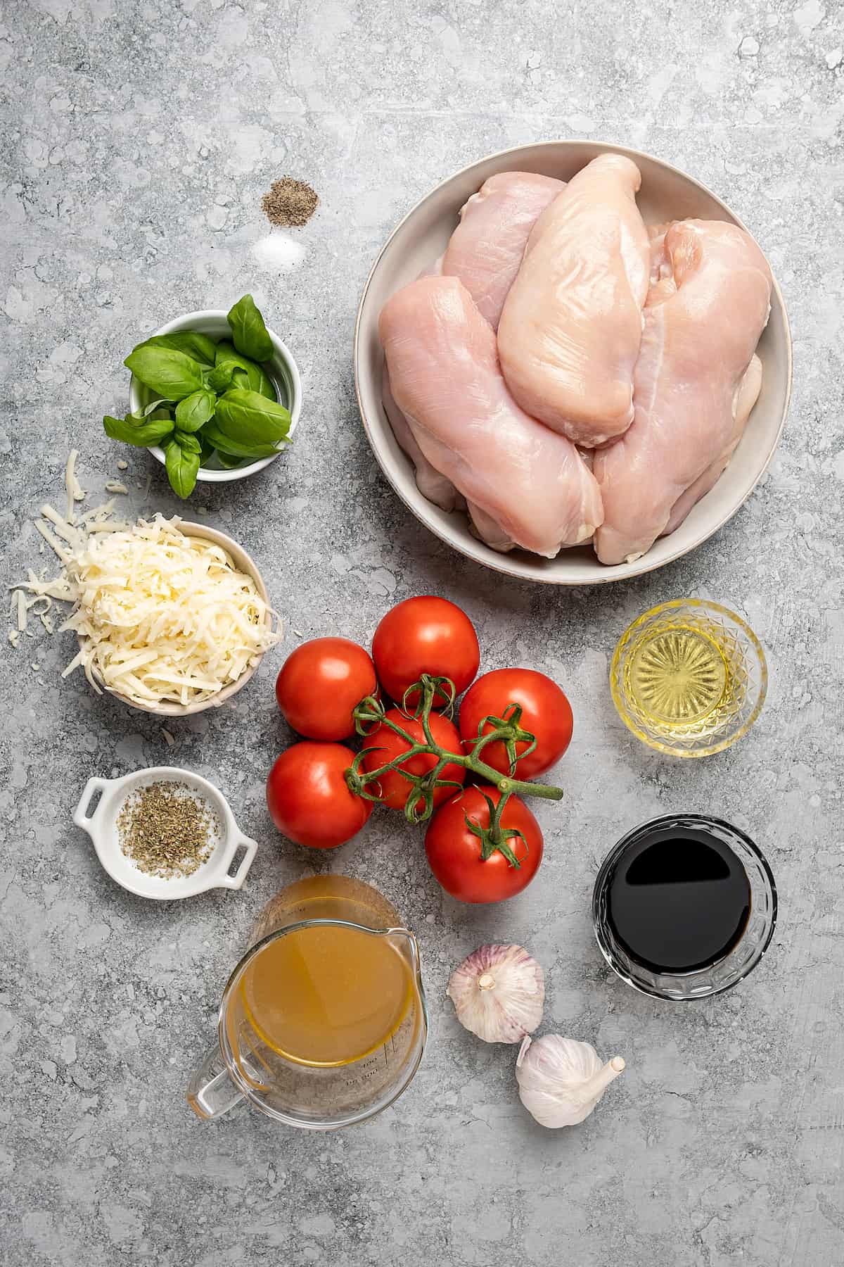 A photo of all the ingredients used to make bruschetta chicken.