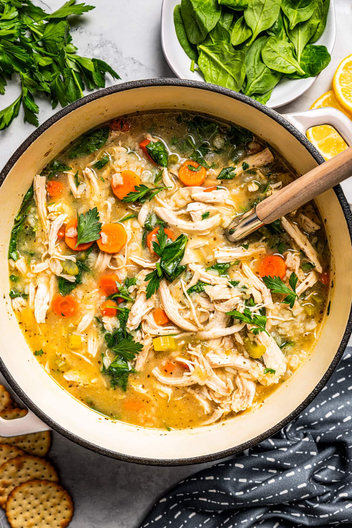 A soup pot full of chicken and veggie soup.