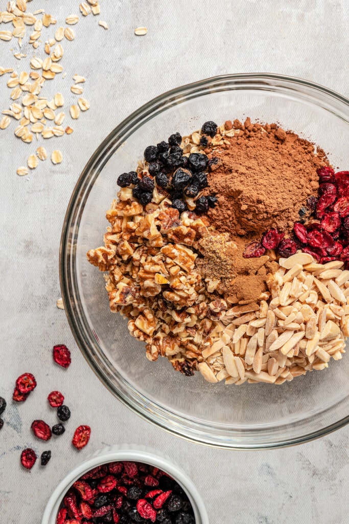 Dry ingredients for the granola in a bowl. 