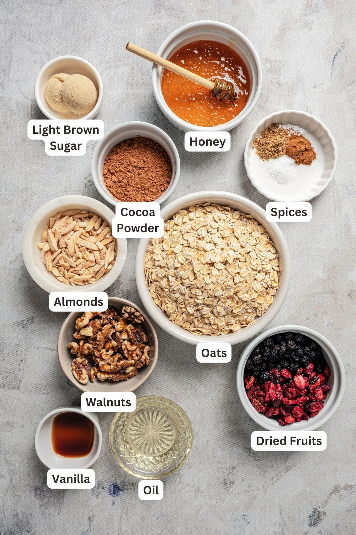 Ingredients for chocolate granola. 