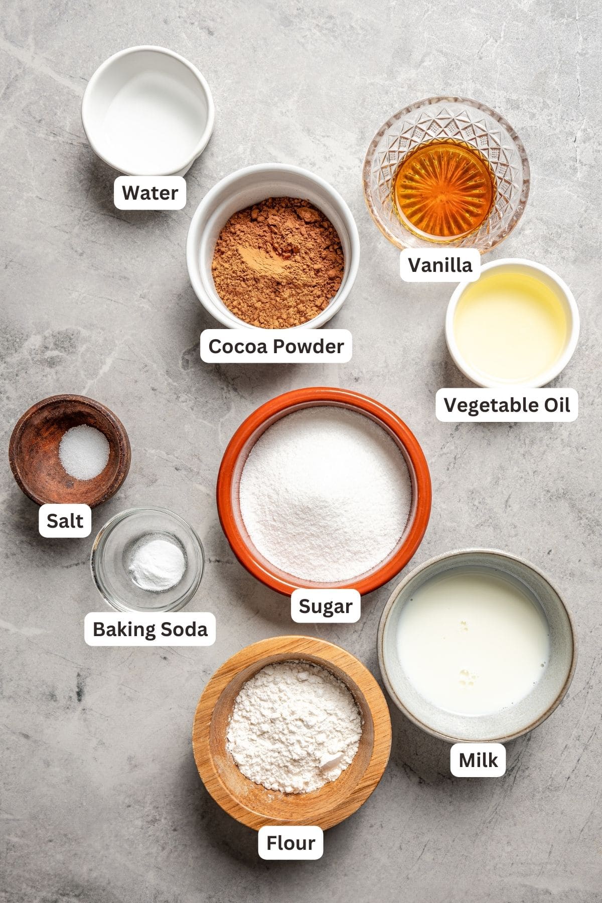 Ingredients for chocolate mug cake with text overlaying each ingredient.