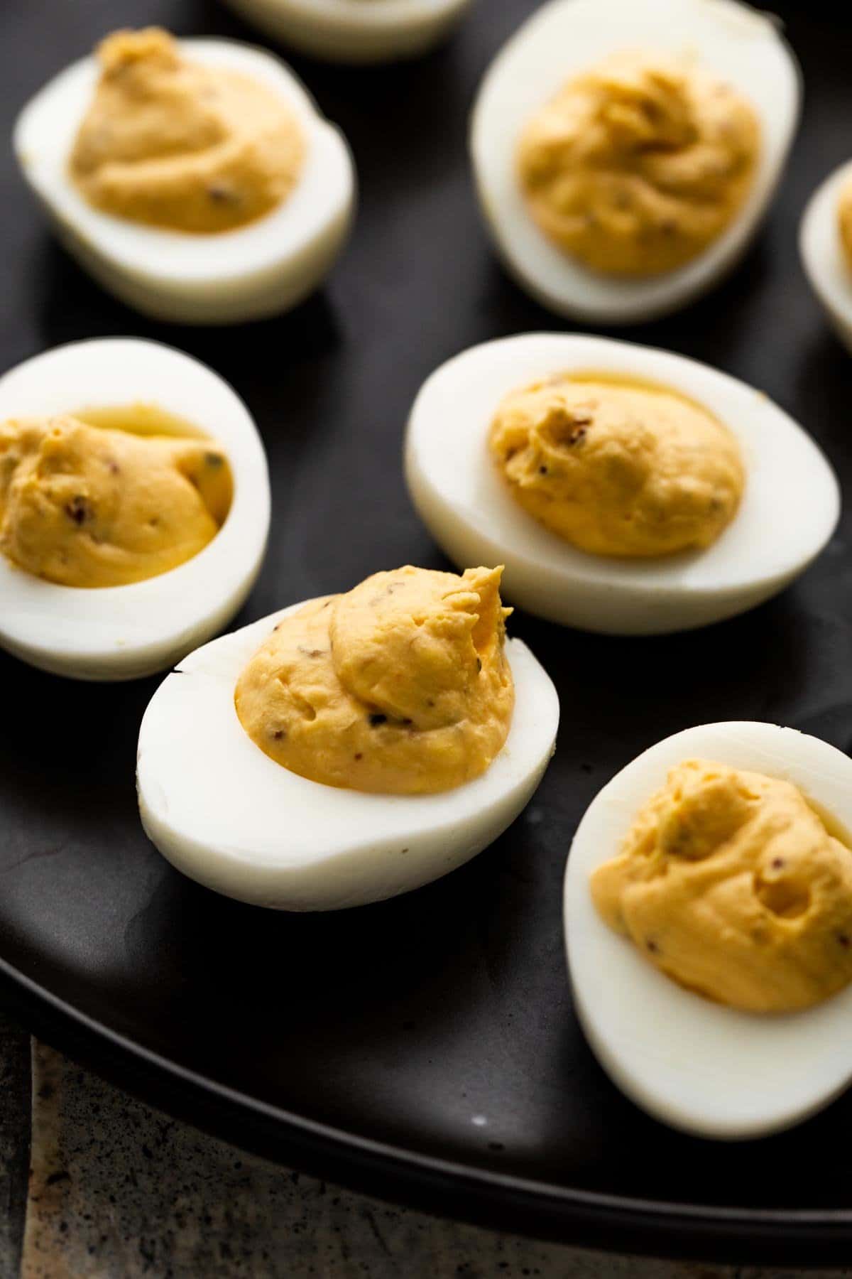 Egg whites filled with creamy egg yolks mixed with mayonnaise.