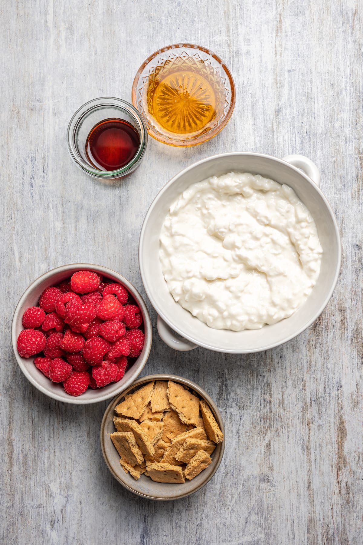 Ingredients for raspberry cottage cheese ice cream.