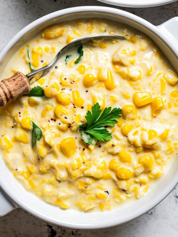 Creamed corn served in a bowl.