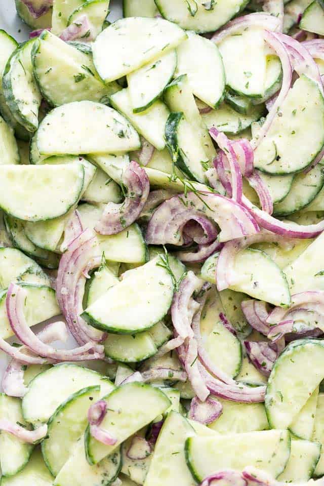 Close-up photo of a creamy Cucumber Salad.