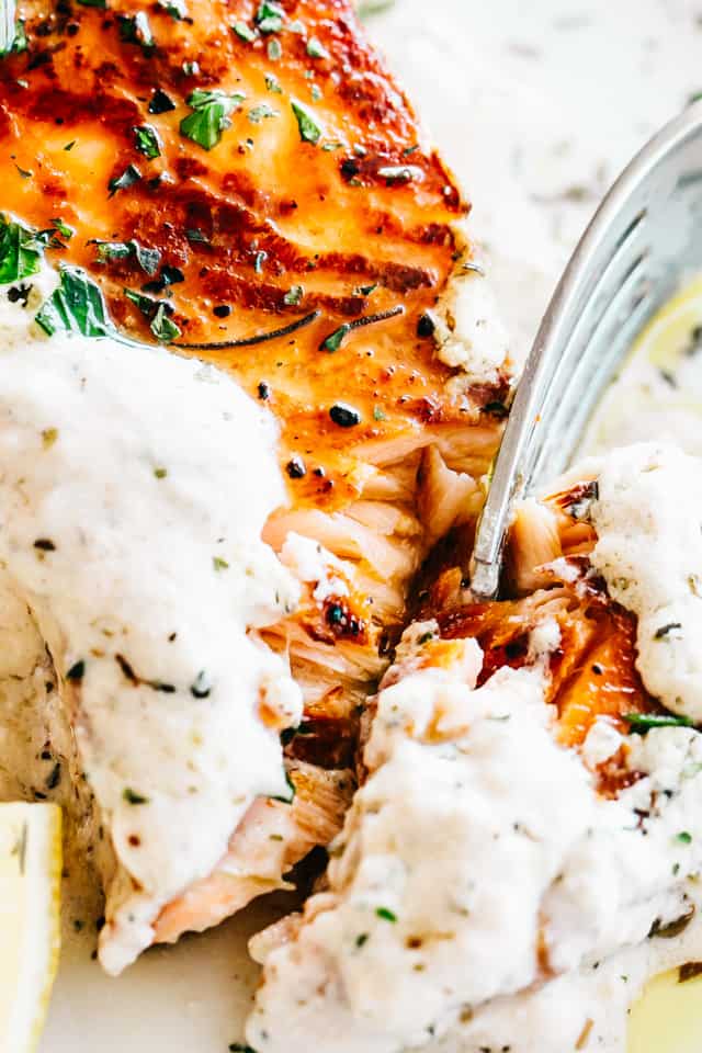 Close-up shot of a pan seared salmon fillet topped with white creamy sauce.