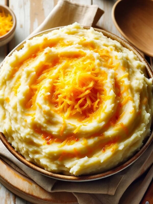 A big serving bowl filled with fluffy mashed potatoes, topped with melted cheese, and placed on a light, worn-out wooden surface.