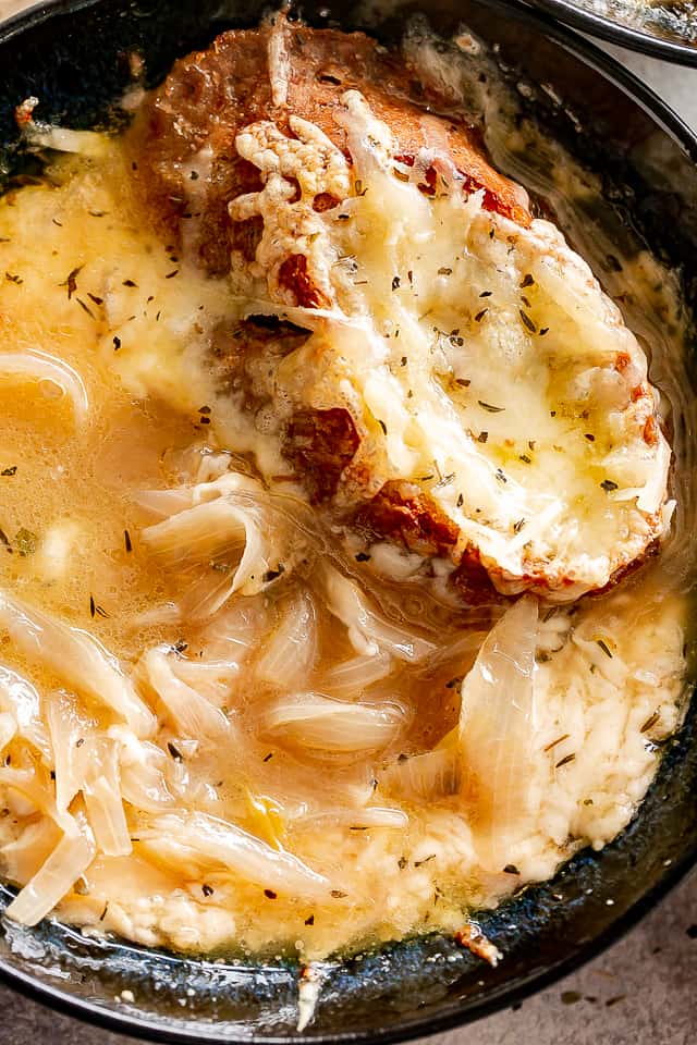 Onion soup with bread and melted cheese.