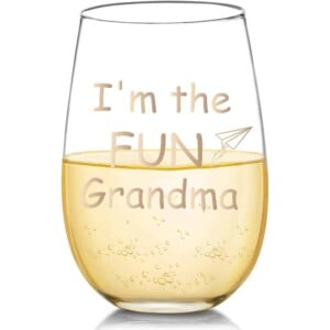 Wine glass with an engraving that reads I'm the FUN Grandma