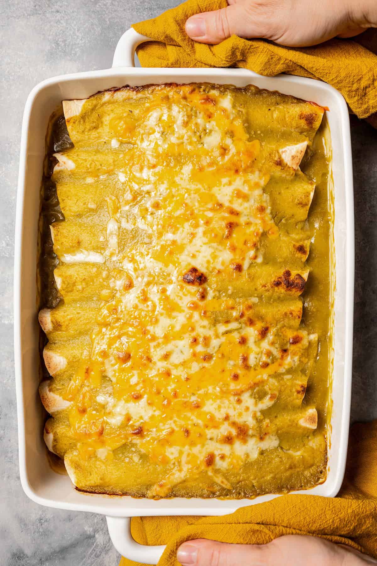 Baked green chili chicken enchiladas inside a baking dish.