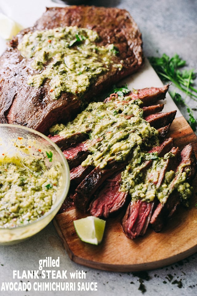 Grilled flank steak topped with chimichurri sauce.