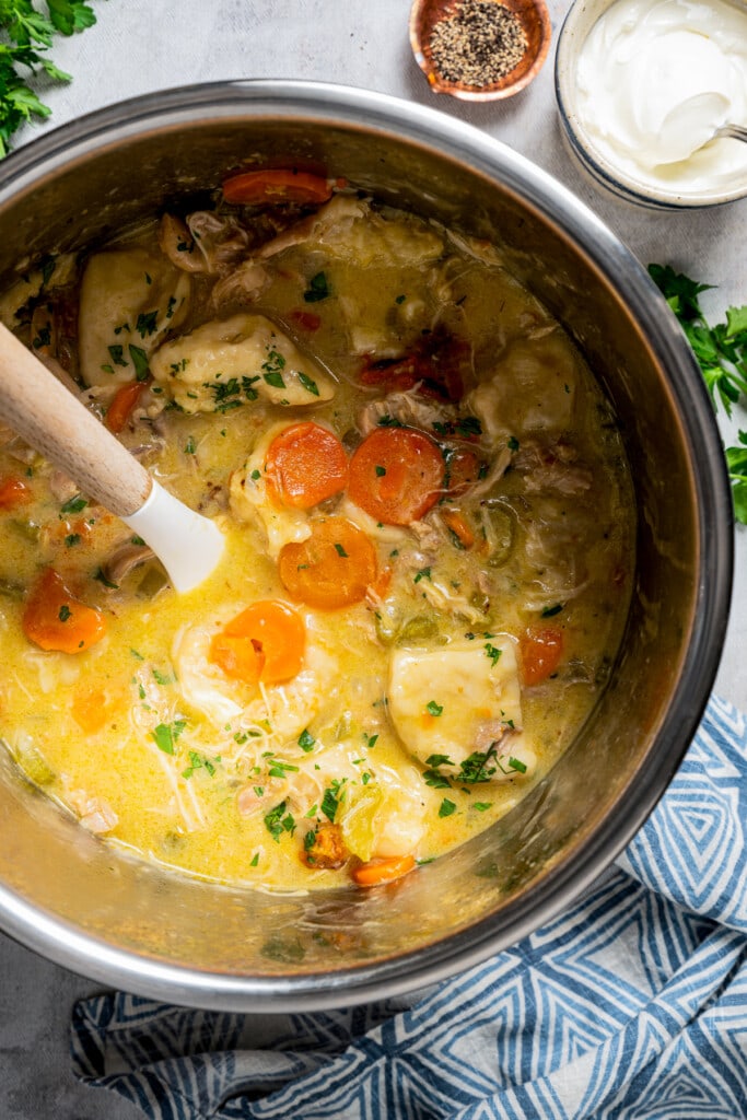 Chicken and dumplings in the Instant Pot.