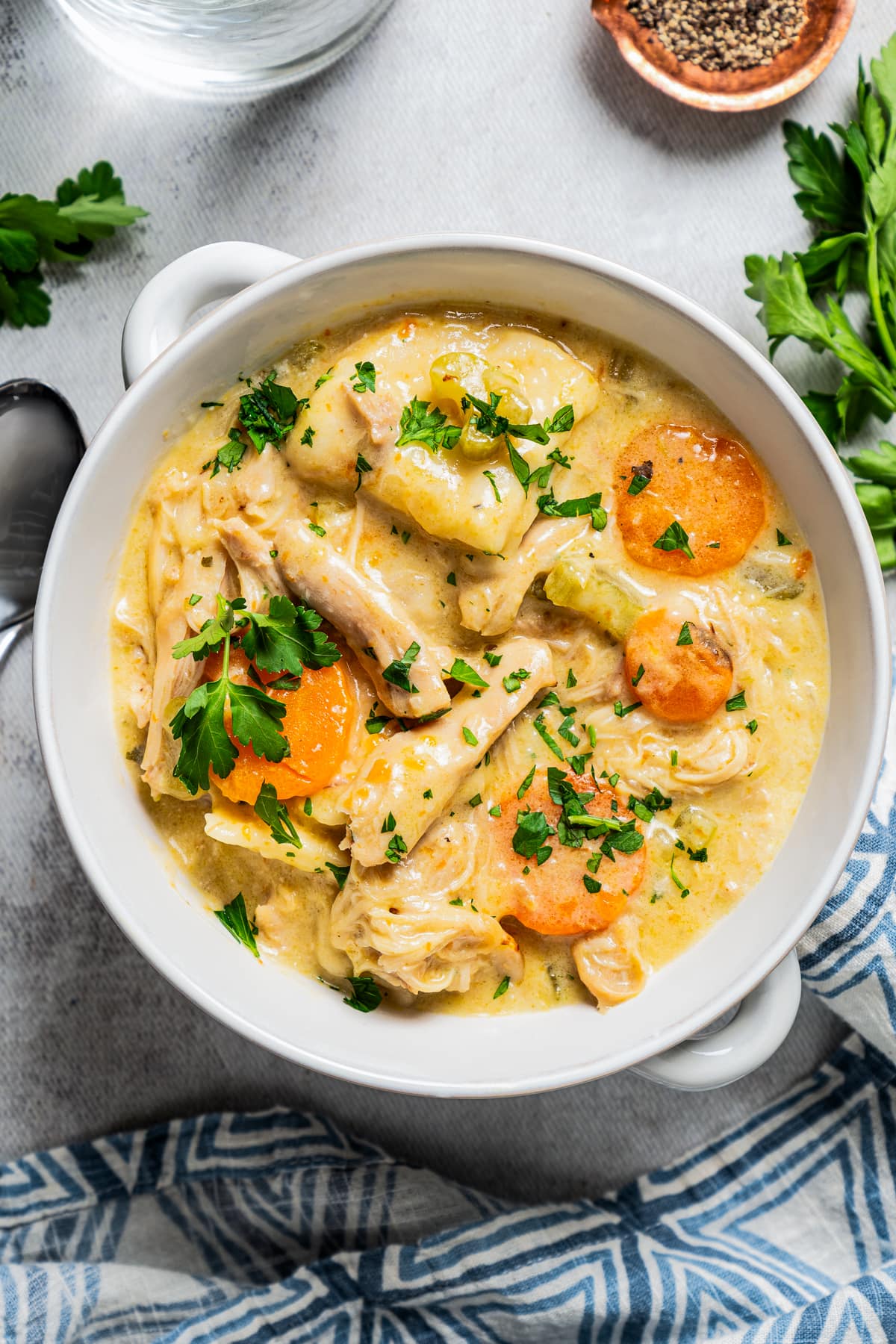 Overhead image of chicken and dumplings in a bowl, with fresh parsley and seasonings set near the bowl.