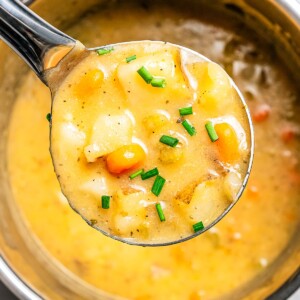 Holding a ladle full of Instant Pot potato soup up to the camera.