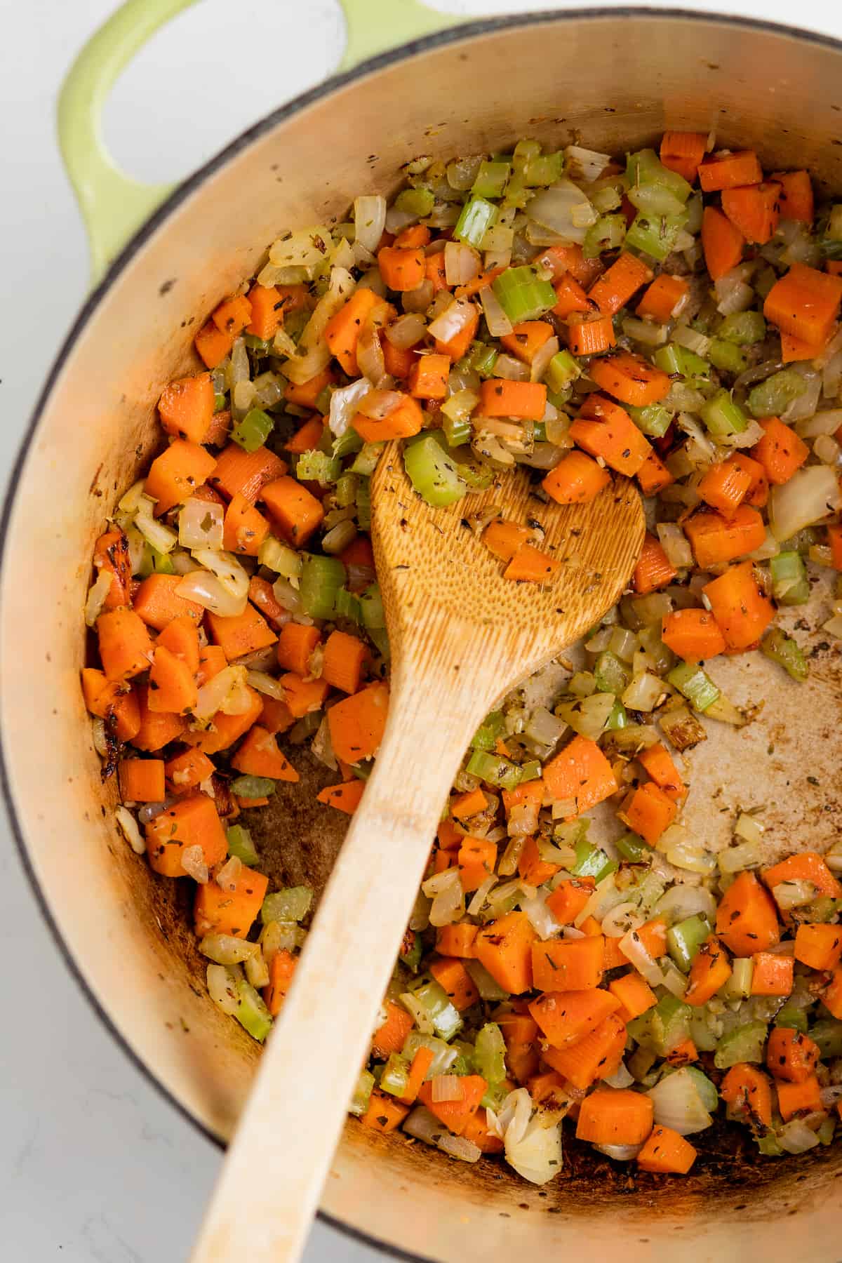 Cooking the veggies in the pot.