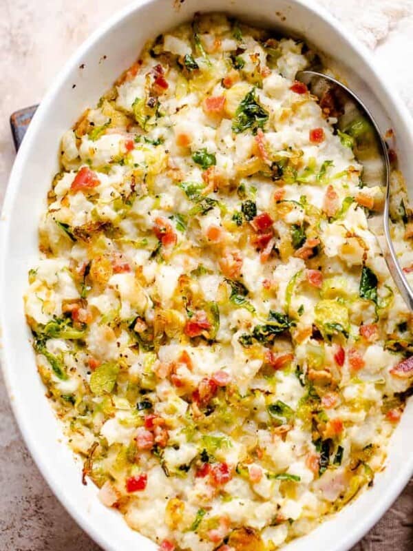 overhead shot of baked mashed turnips with brussel sprouts and bacon