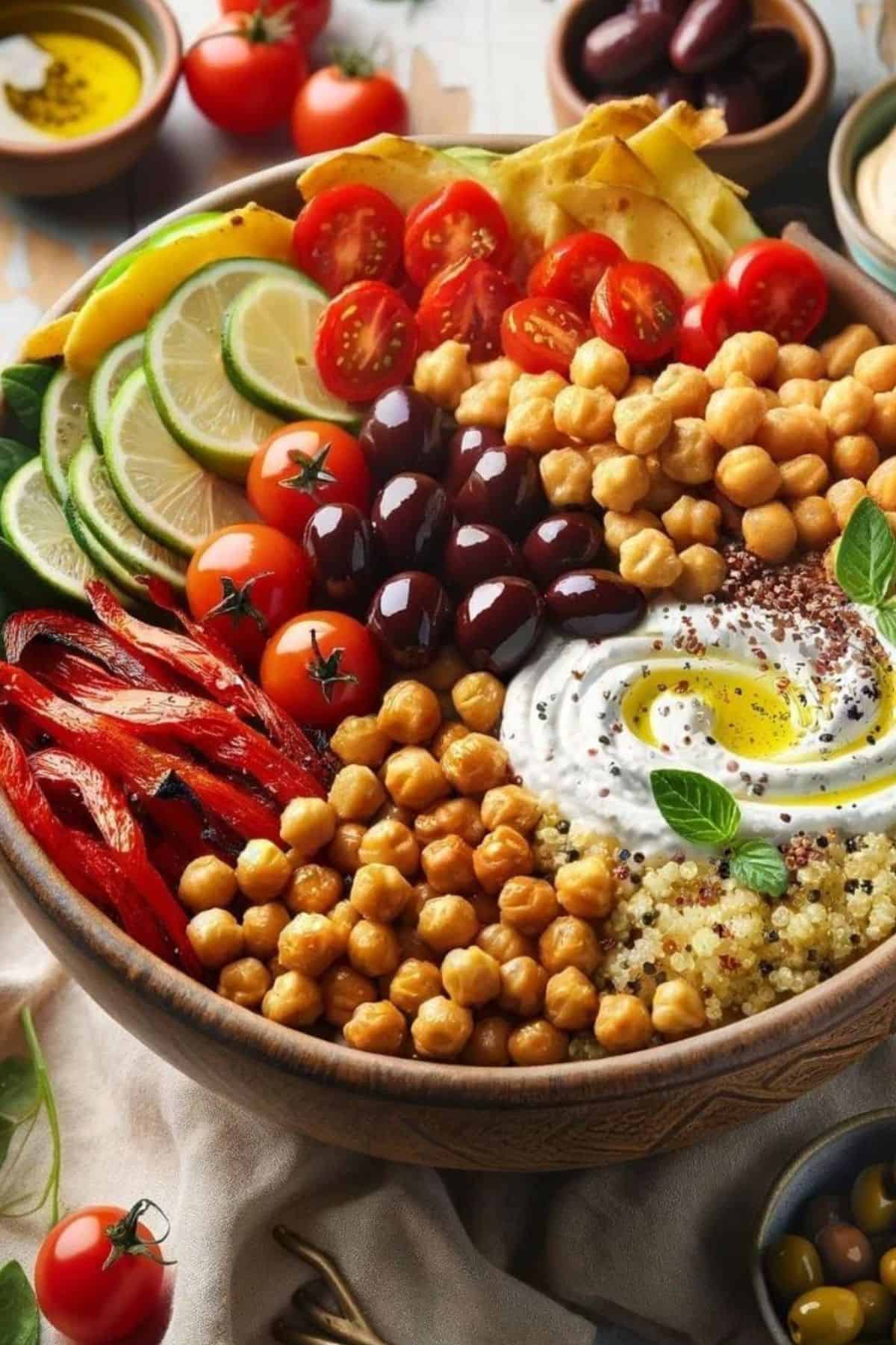 Close-up of a Medterranean bowl with quinoa, chickpeas, sliced red peppers, halved cherry tomatoes, cucumbers, olives, and tzatziki.