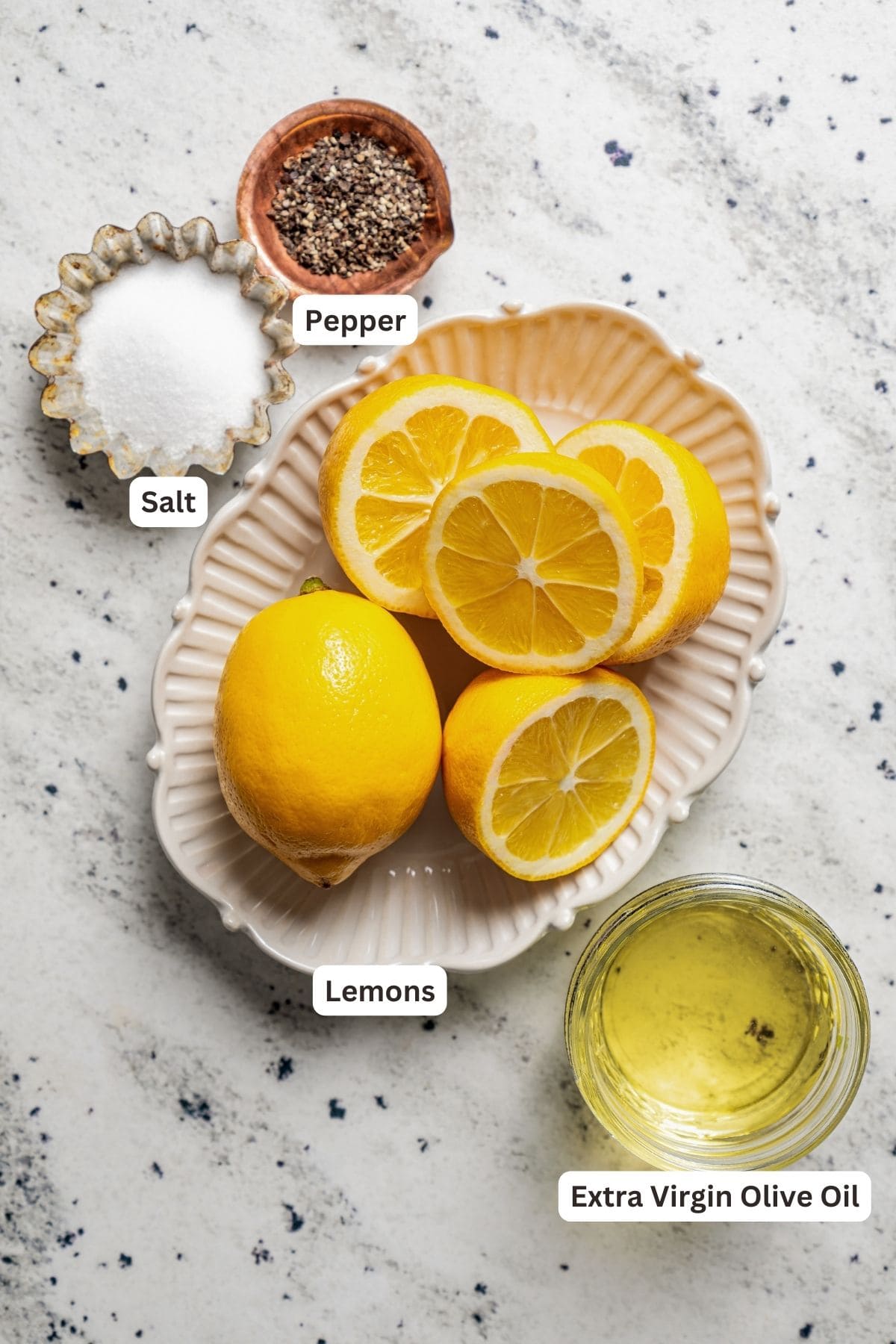 Labeled ingredients for lemon vinaigrette.