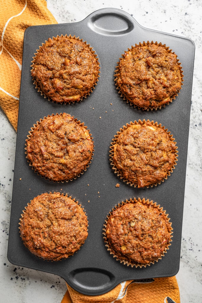 Photo of six muffins in a muffin pan.