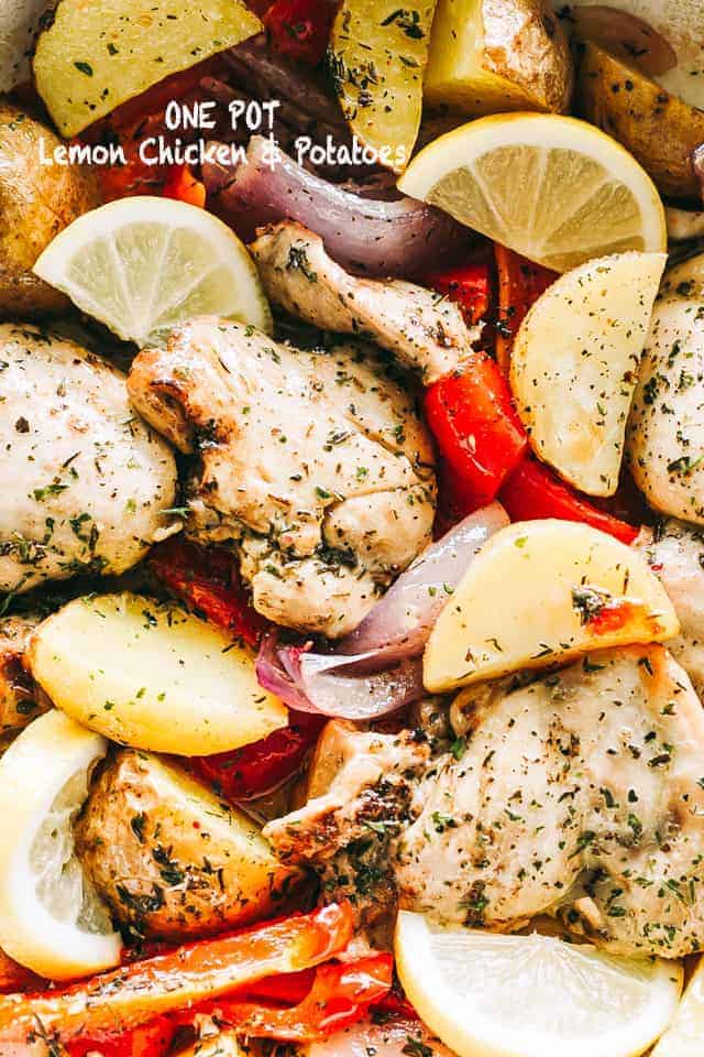 Close-up of juicy chicken and potatoes with tangy marinade. 