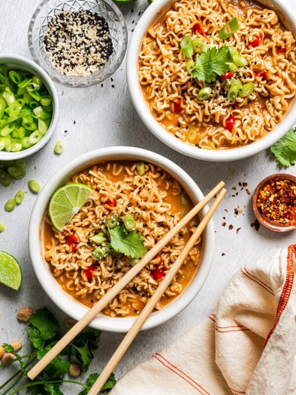 Peanut butter ramen served in two bowls.