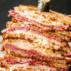 Stack of sliced reuben sandwich slices