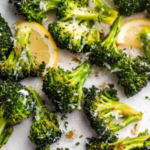 air fryer roasted broccoli and topped with parmesan cheese