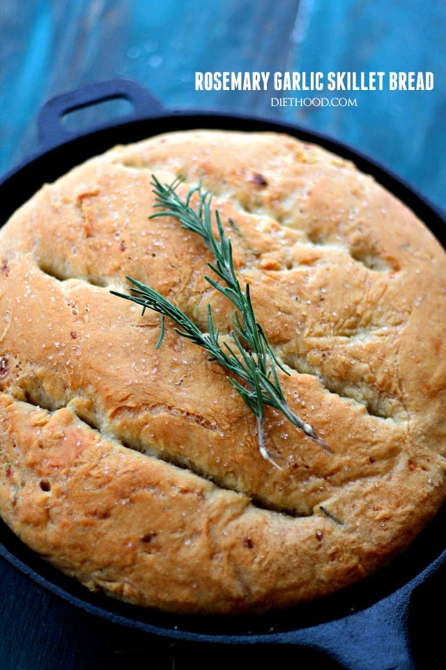 Labeled image of no knead skillet bread.