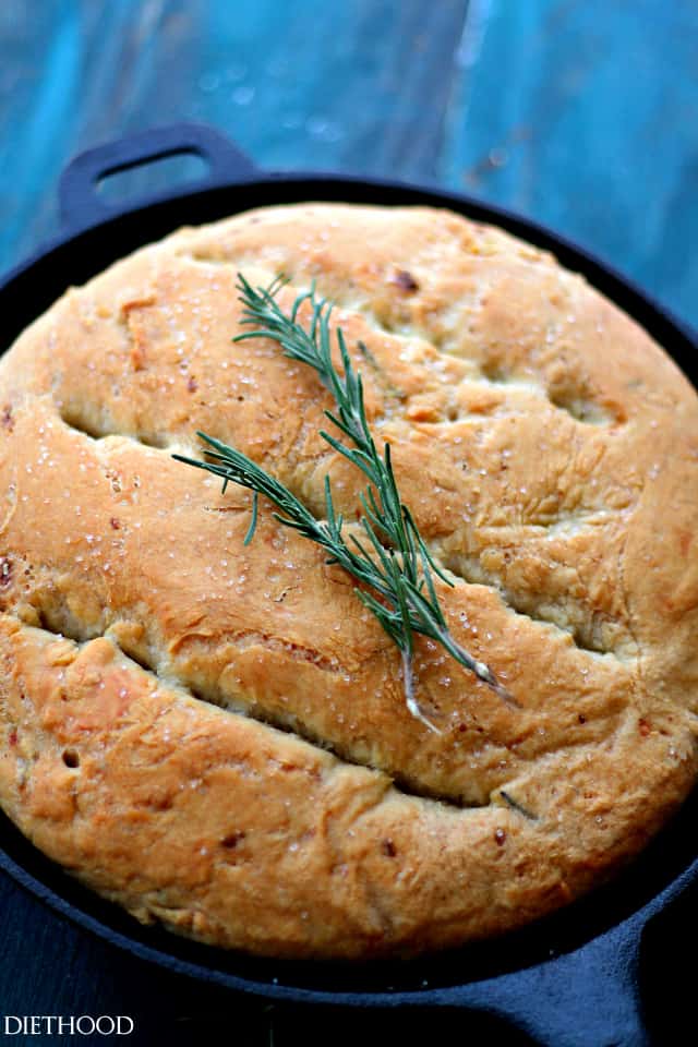 Overhead of rosemary garlic skillet bread.