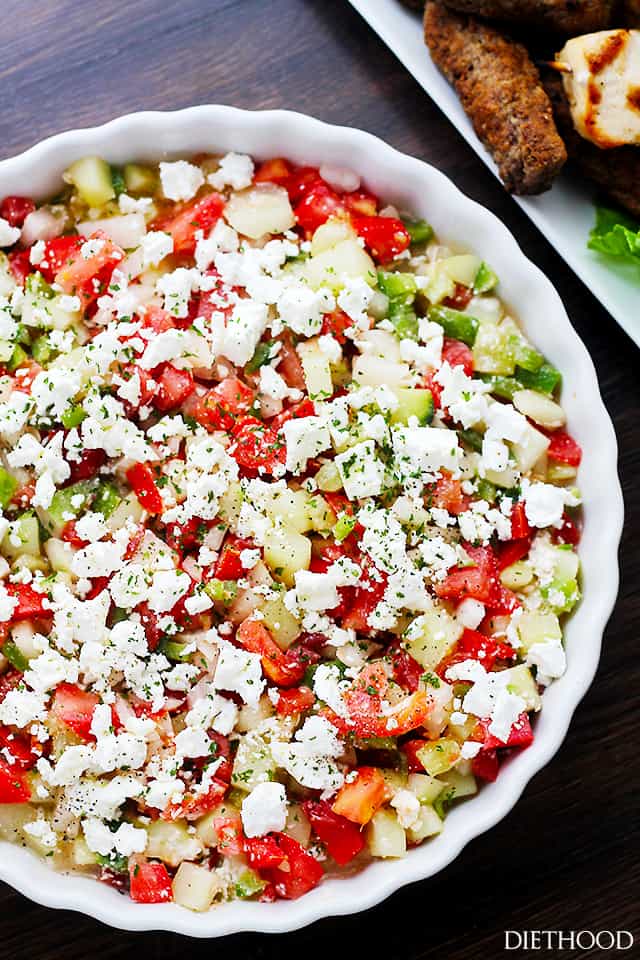 Shopska Salad | www.diethood.com | The Macedonian version of a chopped salad with cucumbers, tomatoes, onions, peppers and white [feta] cheese.