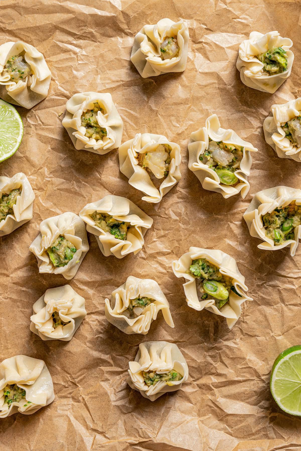 Overhead view of filled shrimp shumai dumplings on parchment paper.