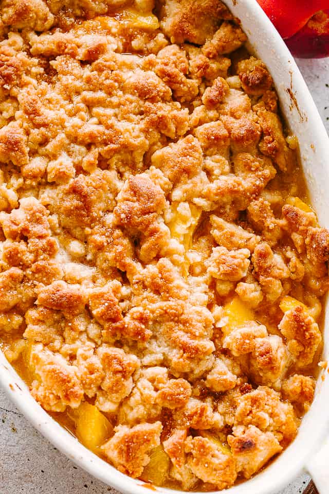 Baked Cobbler in a white baking dish.