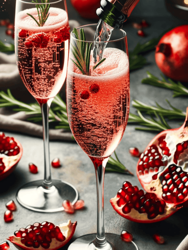 Adding champagne to a flute glass garnished with a rosemary sprig.